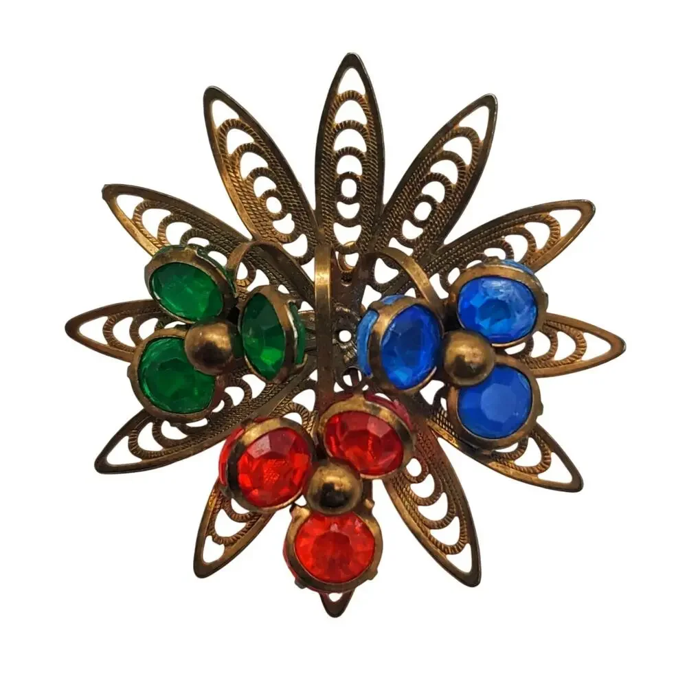 Gold Tone Filigree Brooch Orange‎ Blue Green Starburst Cluster Pin Acrylic Deco